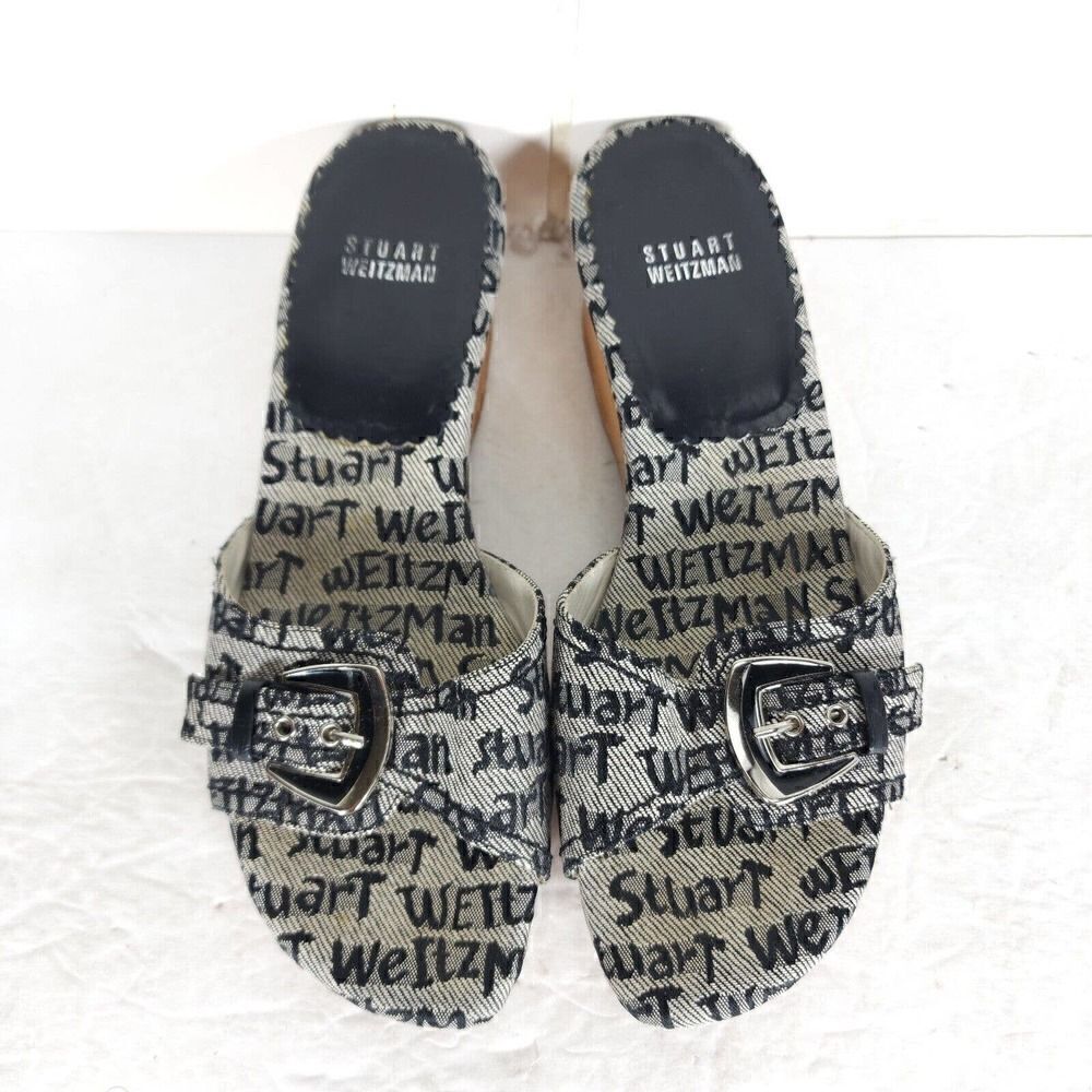 Stuart Weitzman Women's US 7,5B Graffiti Logo Buckle Wooden Heel Wedge Sandals - Picture 13 of 14